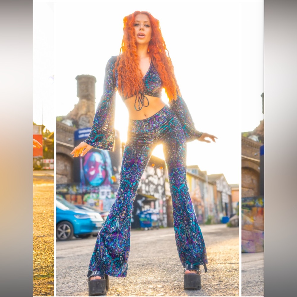 Warrior Within Designs Purple Paisley Burnout Velvet Slim Bells